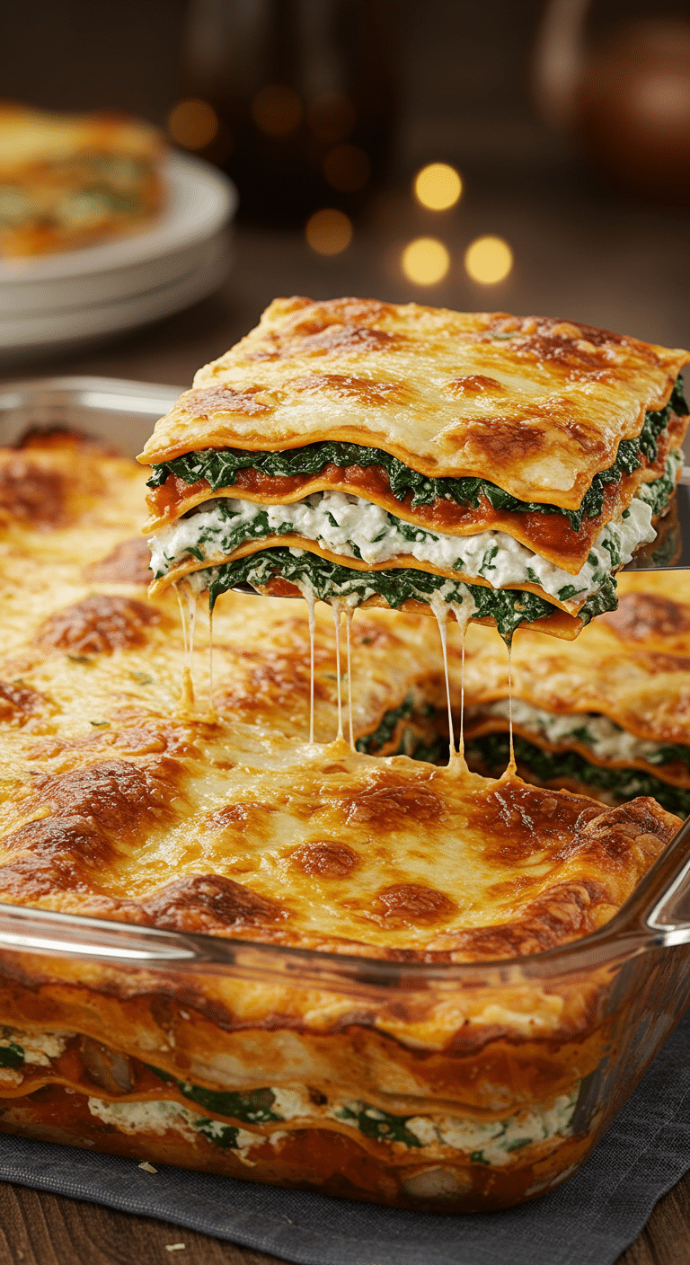 A beautiful, bubbly, golden-brown Spinach and Mushroom Lasagna with a perfect, layered slice being lifted out.