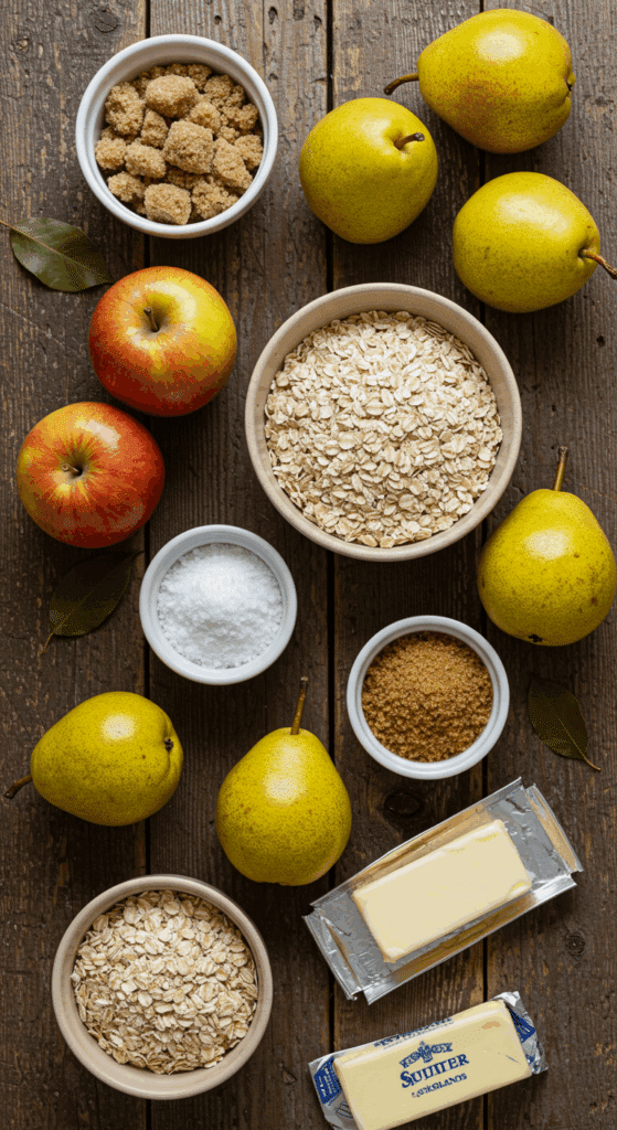 The fresh, seasonal ingredients for the Apple and Pear Crisp recipe.