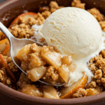 A close-up of a warm bowl of Apple and Pear Crisp with a scoop of vanilla ice cream melting on top.