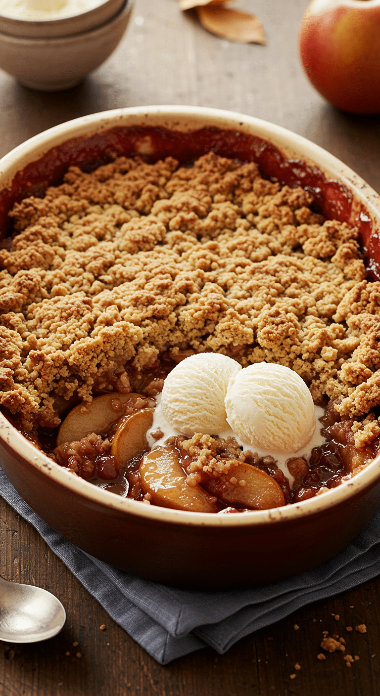 A warm, golden-brown homemade Apple and Pear Crisp in a baking dish with a scoop of melting vanilla ice cream.