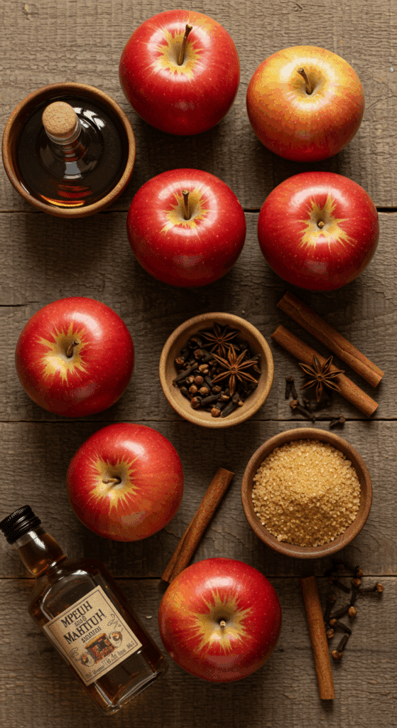 The simple, rustic ingredients for the Old-Fashioned Baked Apples recipe with rum and cinnamon.