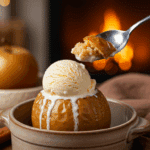 A warm, cozy bowl of a homemade Baked Apple with a large scoop of melting vanilla ice cream on top.