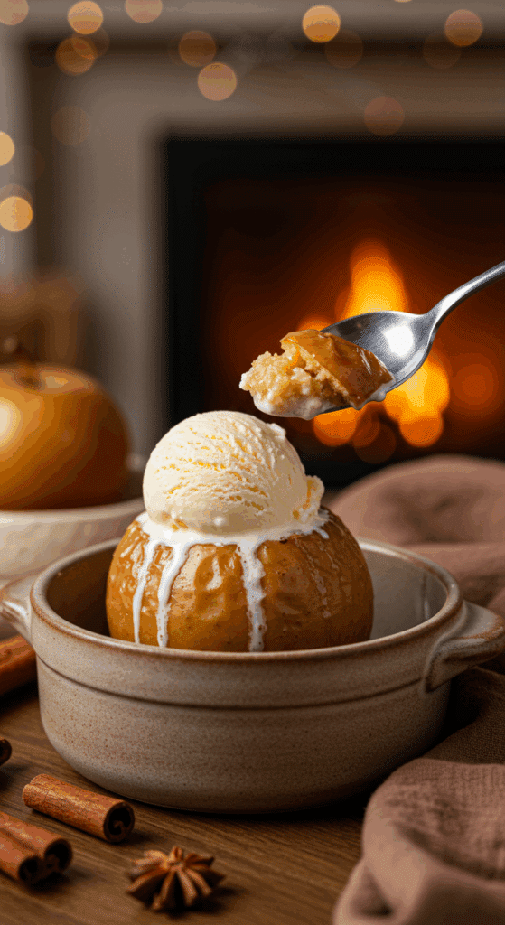 A warm, cozy bowl of a homemade Baked Apple with a large scoop of melting vanilla ice cream on top.