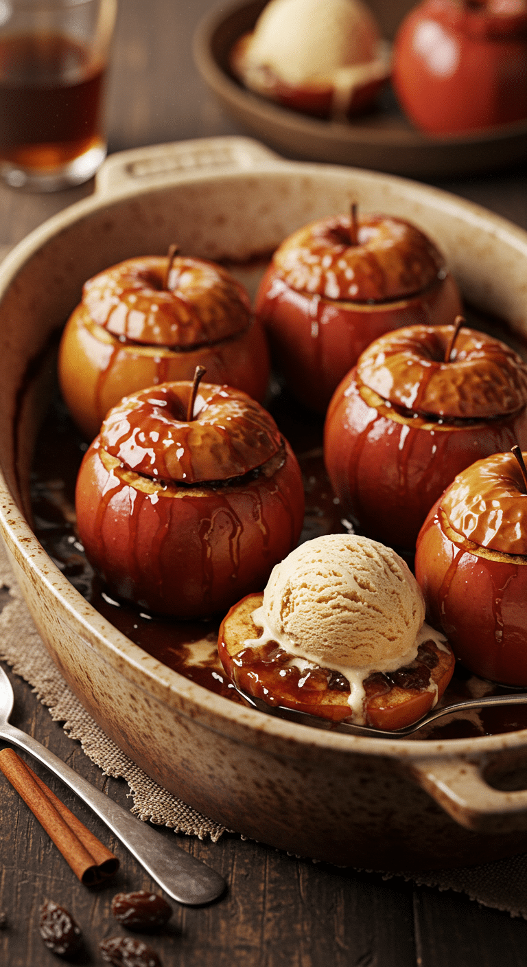 A beautiful, rustic baking dish of homemade, glossy, Old-Fashioned Baked Apples with a rum and cinnamon glaze.