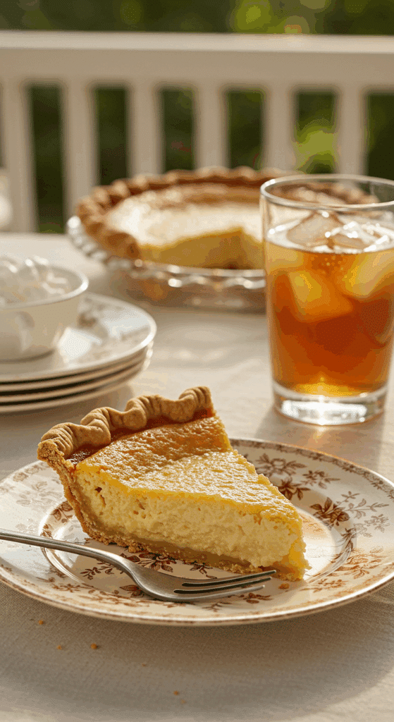 A perfect slice of homemade Old-Fashioned Buttermilk Pie being served on a vintage plate.