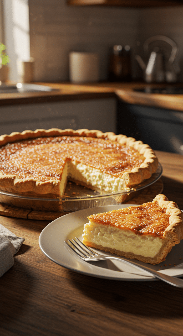 A beautiful, golden-brown, homemade Old-Fashioned Buttermilk Pie with a perfect, creamy slice removed.