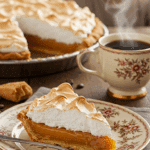 A perfect slice of homemade Butterscotch Pie with a toasted meringue topping being served for a holiday dessert.