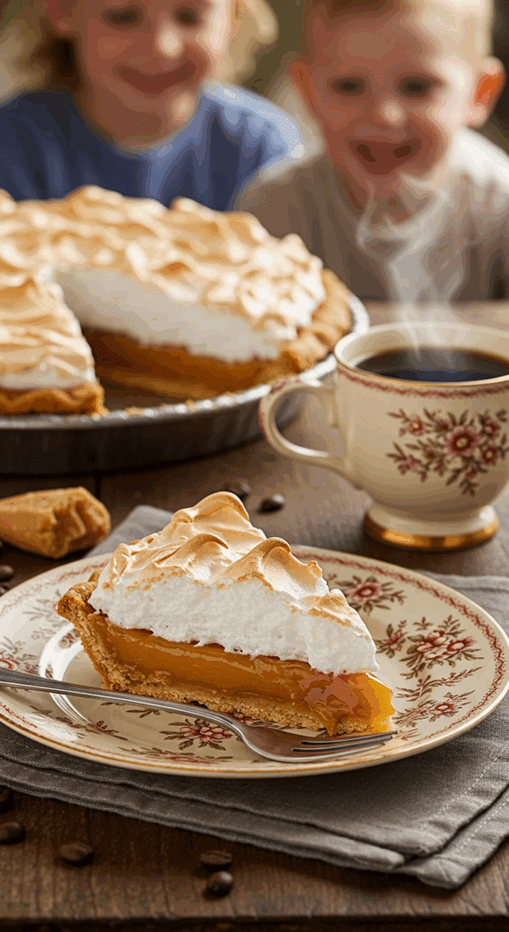 A perfect slice of homemade Butterscotch Pie with a toasted meringue topping being served for a holiday dessert.