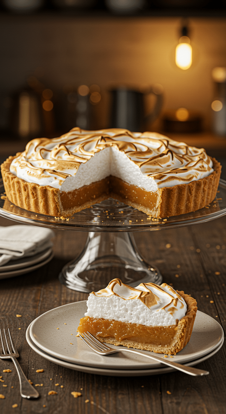 A beautiful, homemade Old-Fashioned Butterscotch Pie with a tall, toasted meringue topping and a perfect slice removed.