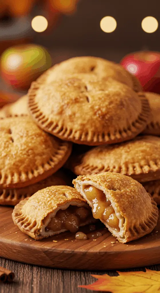 A beautiful, rustic platter of crispy, golden-brown homemade Fried Apple Pies, with one broken to show the gooey apple filling inside.