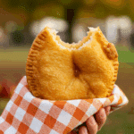 A hand holding a warm, fresh, homemade Fried Apple Pie at a fall festival.
