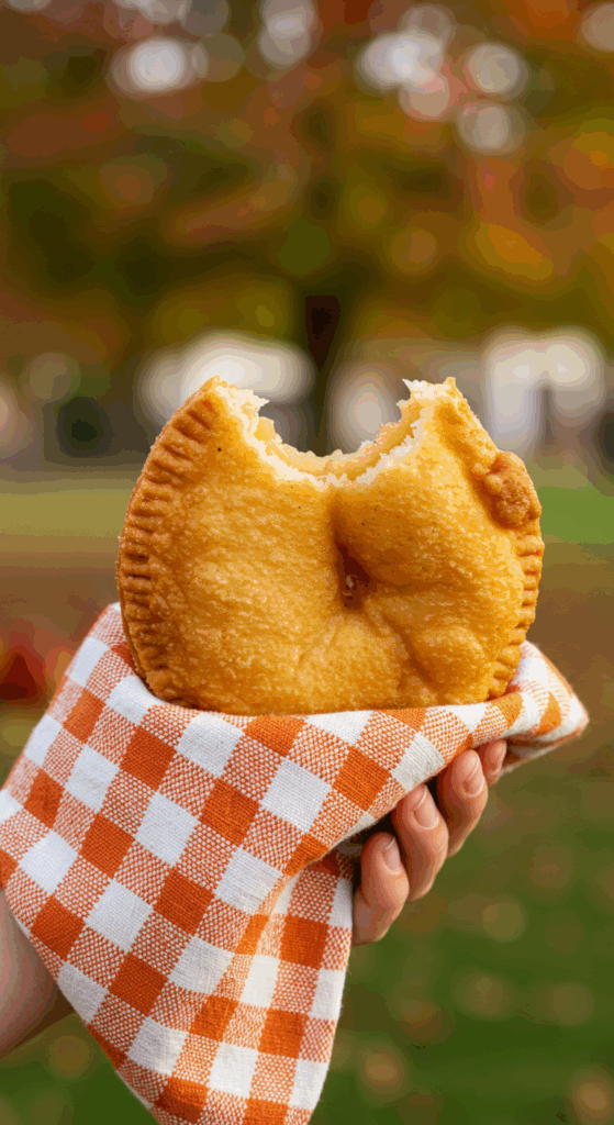 A hand holding a warm, fresh, homemade Fried Apple Pie at a fall festival.