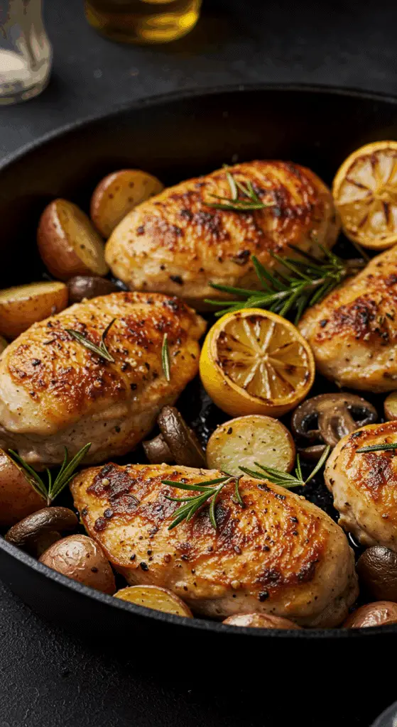 A beautiful, rustic cast-iron skillet of homemade, crispy, golden-brown Skillet Rosemary Chicken with roasted potatoes and mushrooms.