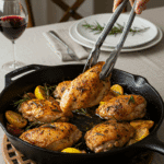 The finished skillet of homemade Rosemary Chicken being served at a cozy family dinner.