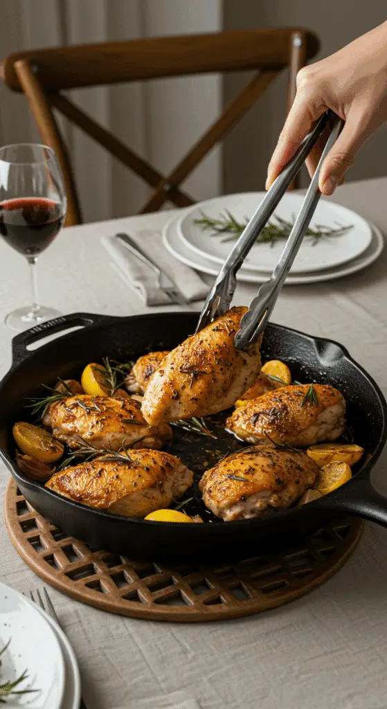 The finished skillet of homemade Rosemary Chicken being served at a cozy family dinner.