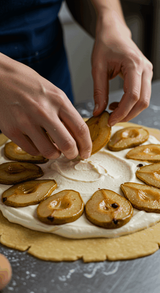 Hands carefully arranging roasted pear halves in a circular pattern on top of a layer of almond cream on a raw pastry dough.