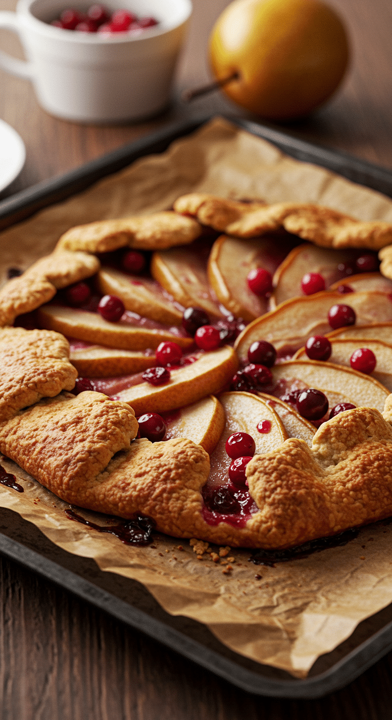 A beautiful, golden-brown, rustic homemade Pear and Cranberry Crostata, fresh from the oven on a baking sheet.