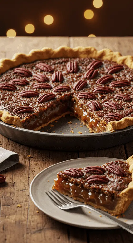 A beautiful, glossy, homemade Bourbon Pecan Pie with a flaky crust and a perfect slice removed to show the gooey caramel filling.