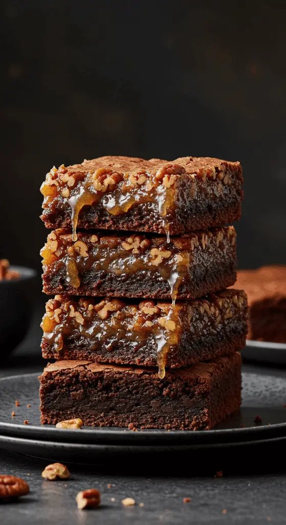 A beautiful stack of homemade, gooey Pecan Pie Brownies, with one broken to show the fudgy brownie and pecan pie layers.