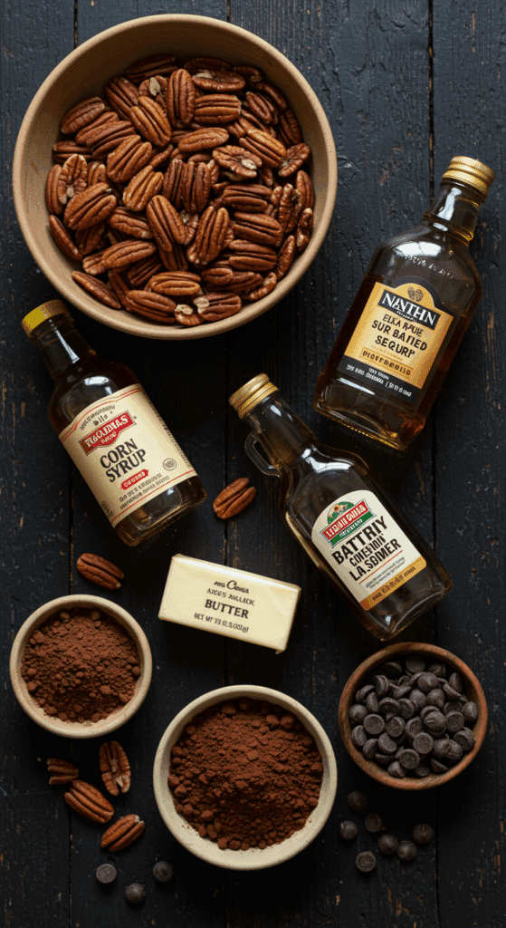 The rich, from-scratch ingredients for the decadent Pecan Pie Brownies recipe.