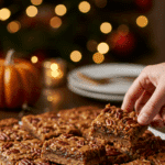 A beautiful platter of homemade Pecan Pie Brownies being served at a festive holiday party.