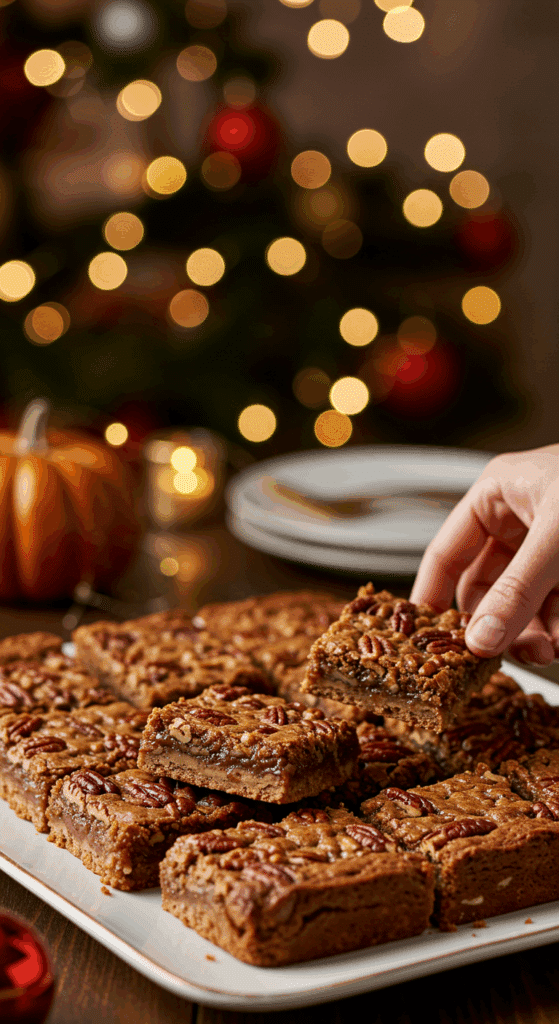 A beautiful platter of homemade Pecan Pie Brownies being served at a festive holiday party.