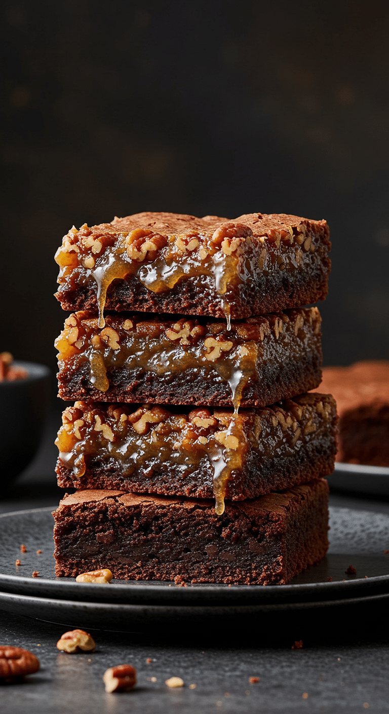 A beautiful stack of homemade, gooey Pecan Pie Brownies, with one broken to show the fudgy brownie and pecan pie layers.