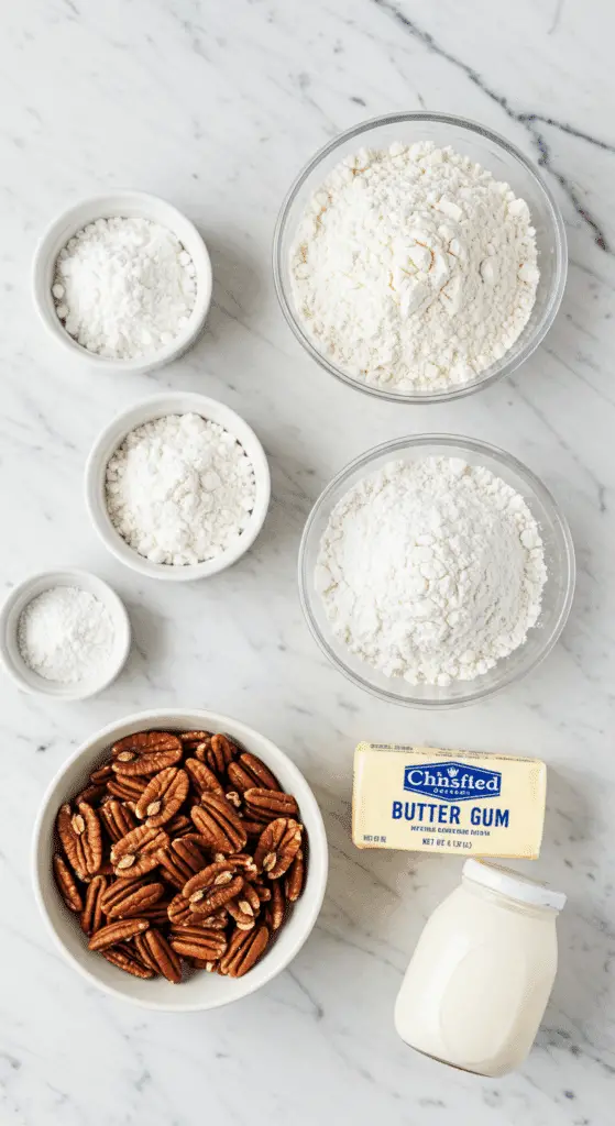 The from-scratch ingredients for the homemade Gluten-Free Flour Blend and the Pecan Pie Bundt Cake.