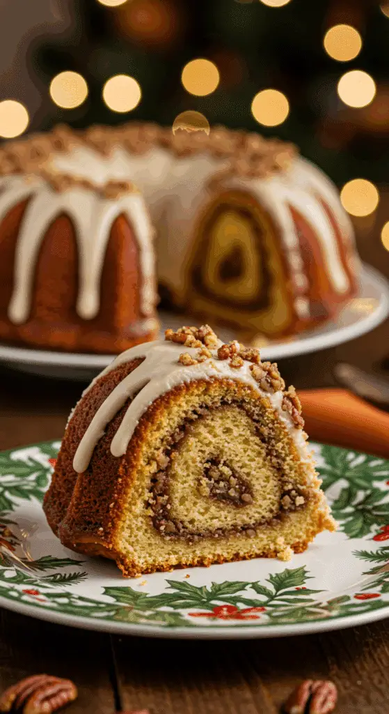 An elegant slice of homemade Gluten-Free Pecan Pie Bundt Cake being served for a holiday dessert.