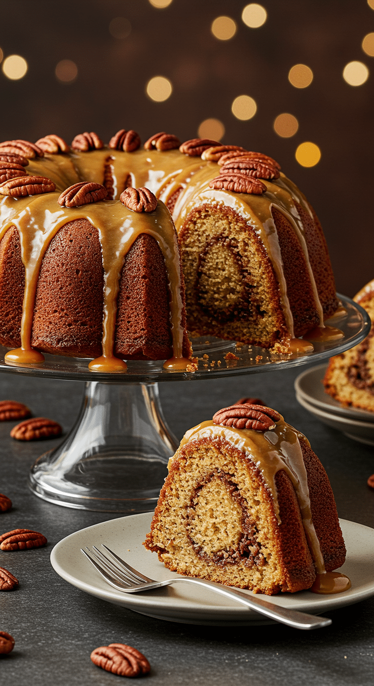 A beautiful, homemade Gluten-Free Pecan Pie Bundt Cake on a cake stand with a perfect slice removed to show the pecan swirl.