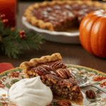 A perfect slice of homemade Pecan Pie with a dollop of whipped cream being served for a holiday dessert.