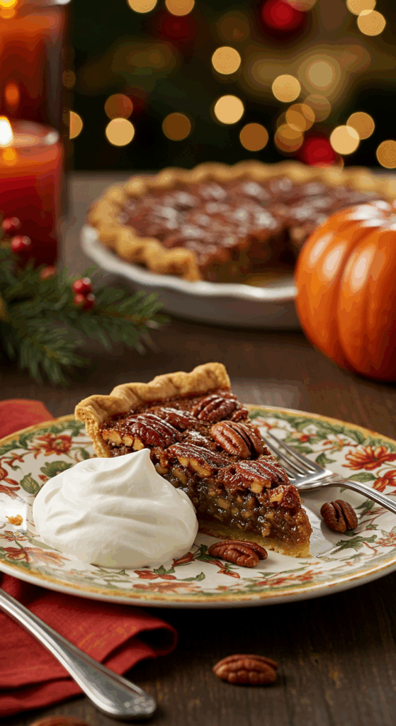 A perfect slice of homemade Pecan Pie with a dollop of whipped cream being served for a holiday dessert.