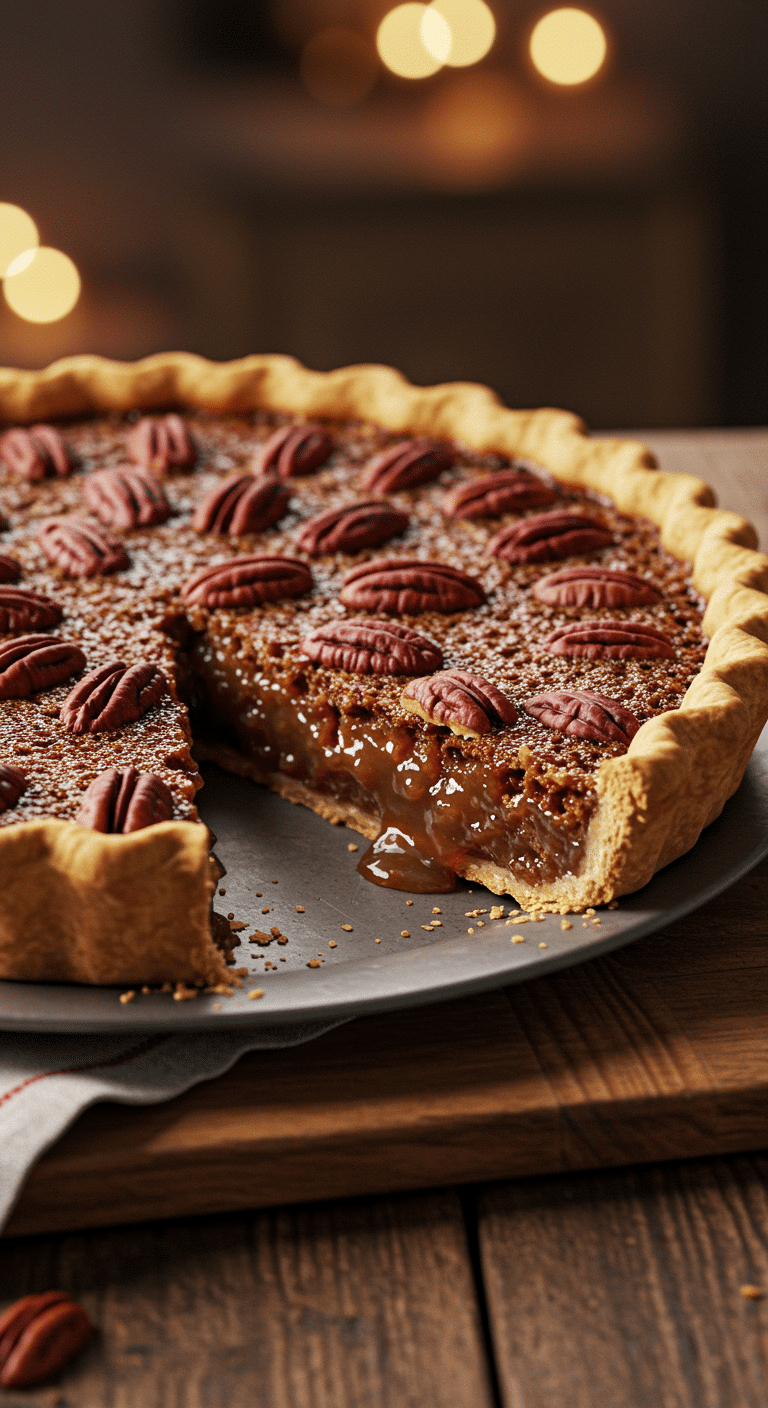A beautiful, golden-brown, homemade Pecan Pie with a flaky crust and a perfect slice removed to show the gooey filling.