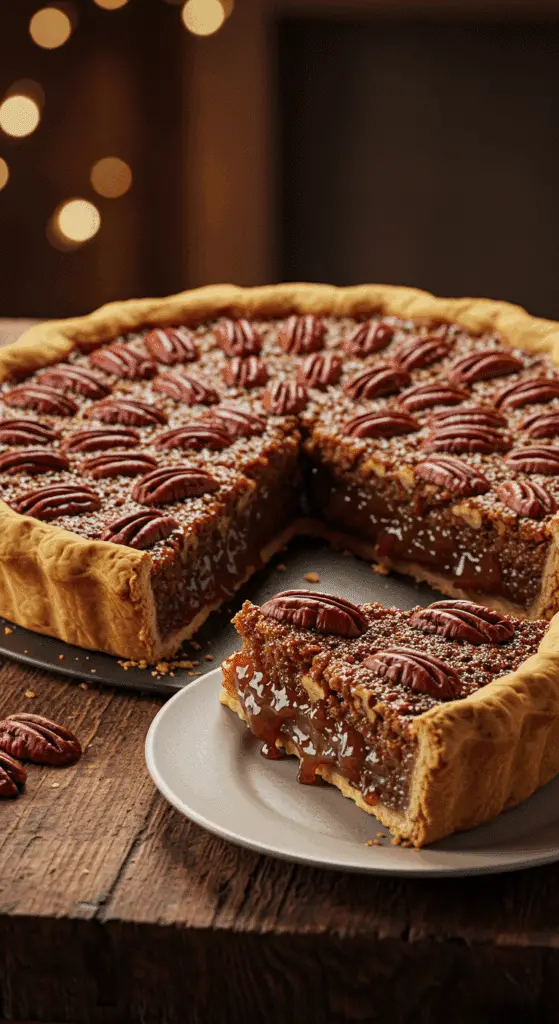 A beautiful, golden-brown, homemade Pecan Pie with a flaky crust and a perfect slice removed to show the gooey filling.
