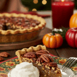 A perfect slice of homemade Pecan Pie with a dollop of whipped cream being served for a holiday dessert.