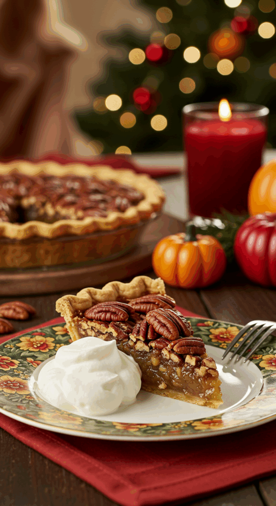 A perfect slice of homemade Pecan Pie with a dollop of whipped cream being served for a holiday dessert.