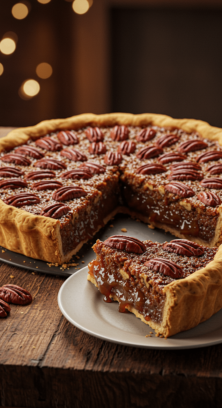 A beautiful, golden-brown, homemade Pecan Pie with a flaky crust and a perfect slice removed to show the gooey filling.