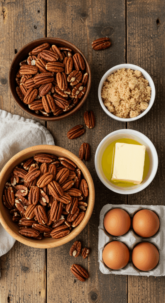 The simple, classic ingredients for a homemade, from-scratch Pecan Pie recipe made without corn syrup.