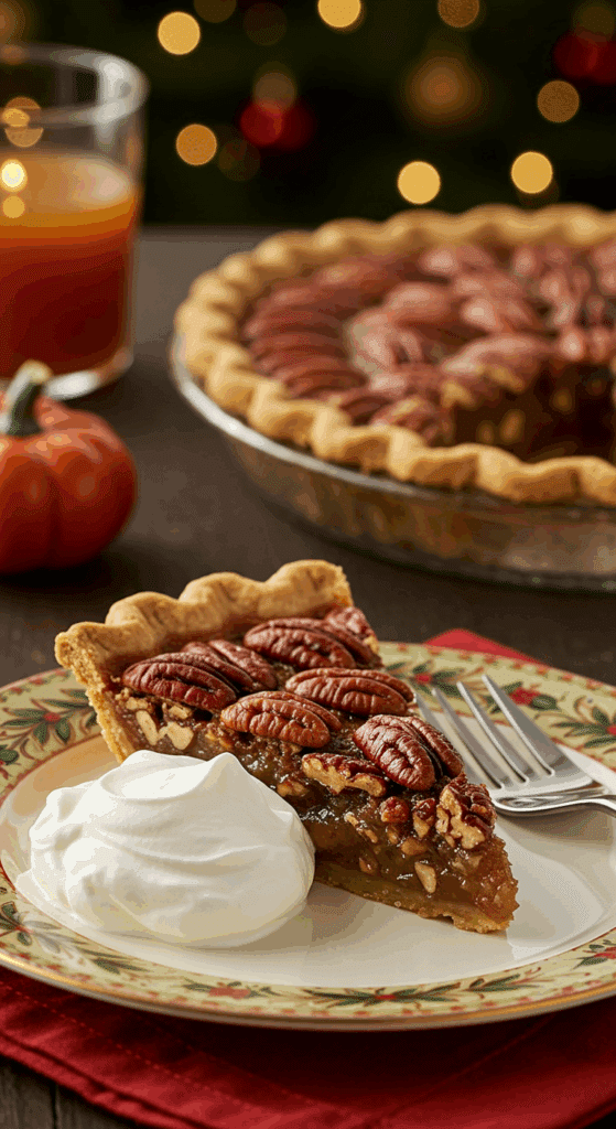 A perfect slice of homemade Pecan Pie with a dollop of whipped cream being served for a holiday dessert.