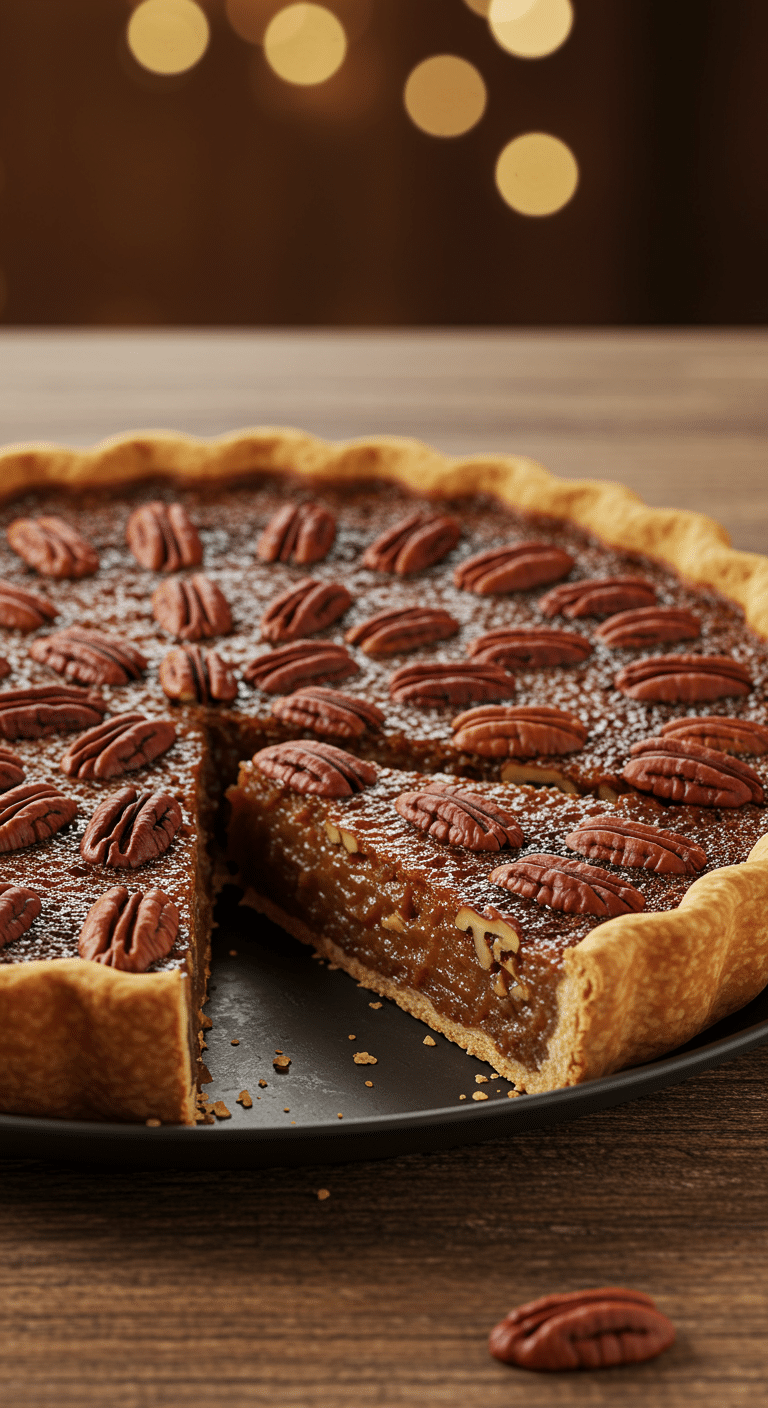 A beautiful, golden-brown homemade Pecan Pie made without corn syrup, with a perfect slice removed to show the brown sugar custard filling.