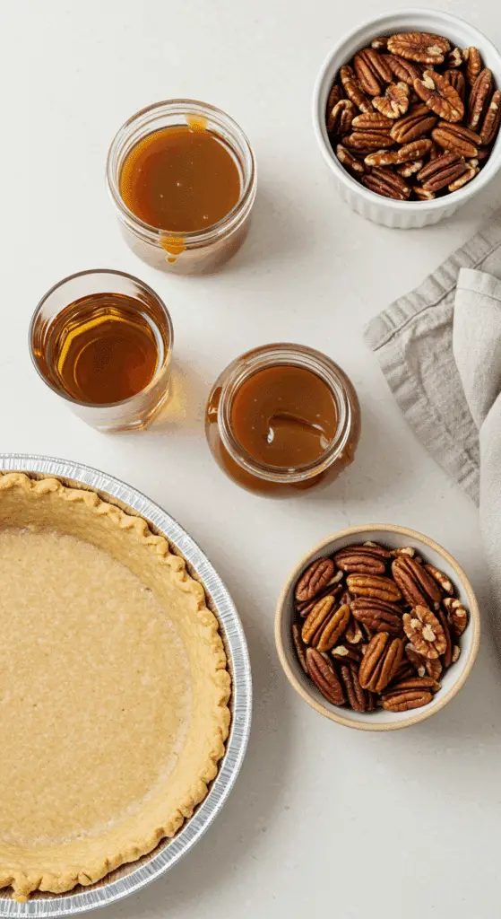 The simple, convenient, shortcut ingredients for the easy Bourbon Pecan Pie recipe.
