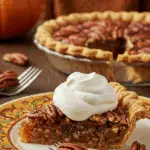 A perfect slice of homemade, easy Bourbon Pecan Pie with a dollop of whipped cream being served for a holiday dessert.