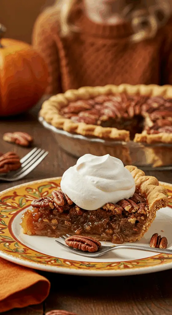 A perfect slice of homemade, easy Bourbon Pecan Pie with a dollop of whipped cream being served for a holiday dessert.