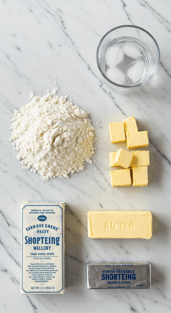 The simple, classic ingredients for a perfect, flaky homemade pie crust: flour, cold butter, shortening, and ice water.
