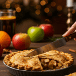 Slicing into a beautiful, homemade pie with a perfect, flaky crust at a festive holiday dinner.