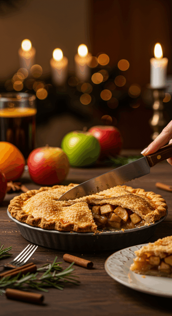 Slicing into a beautiful, homemade pie with a perfect, flaky crust at a festive holiday dinner.