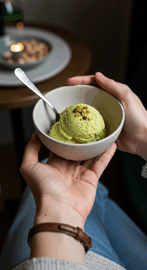 A person's hands holding a beautiful bowl with a single scoop of homemade Pistachio Ice Cream.