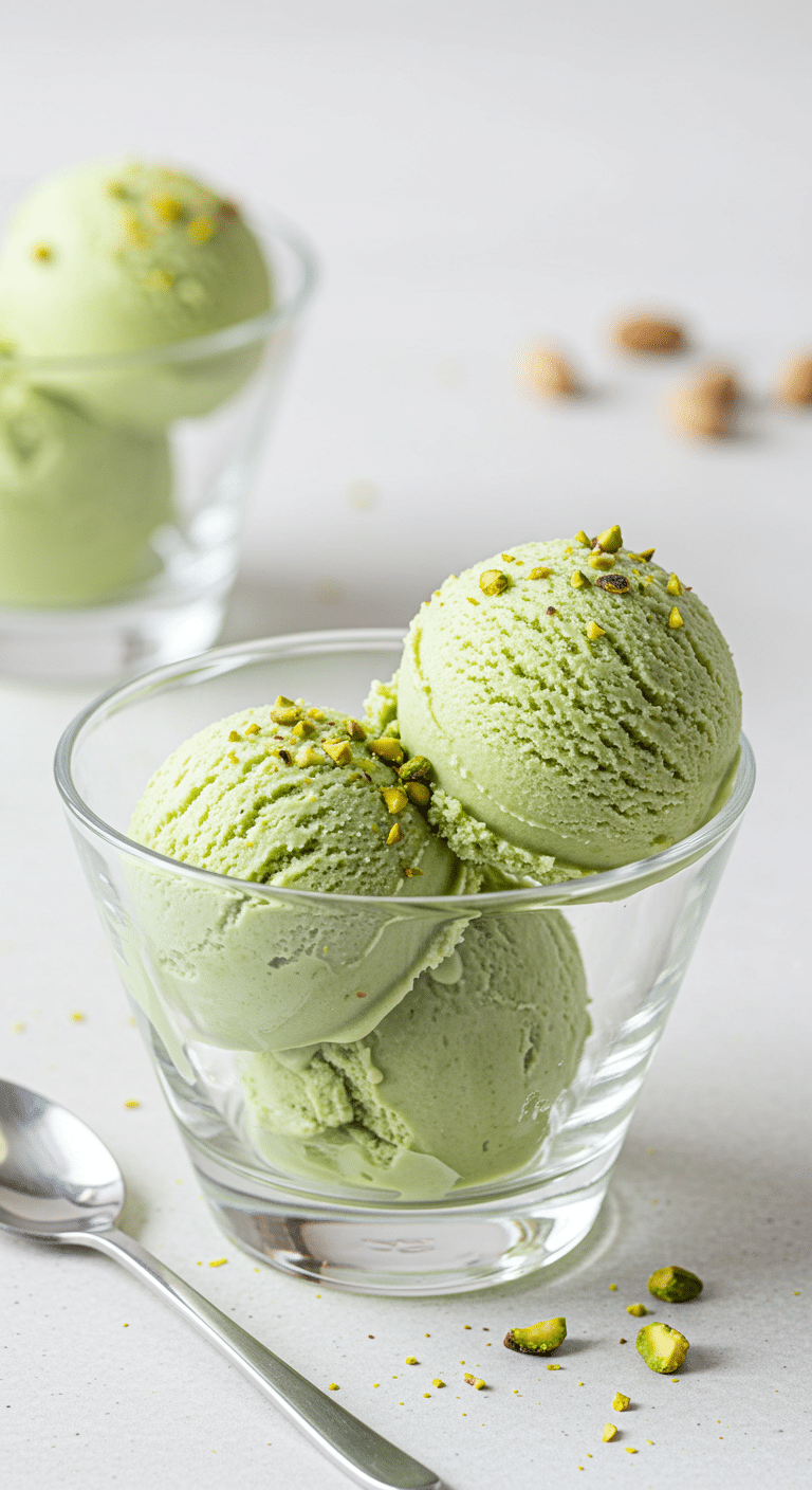 Two perfect scoops of creamy, pale green, homemade High-Protein Pistachio Ice Cream in a stylish bowl.