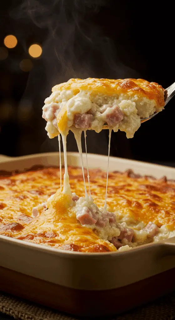 A beautiful, golden-brown homemade Cheesy Ham and Potato Casserole in a baking dish with a creamy, chunky scoop removed.