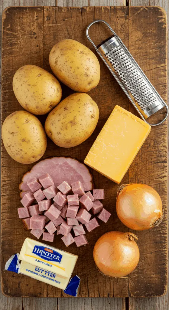 The fresh, from-scratch ingredients for the hearty and cheesy Ham and Potato Casserole recipe.